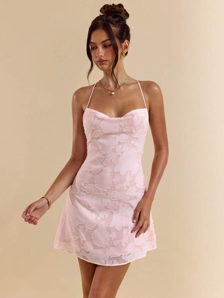 Women's Pink Off Shoulder Lace Trim Mini Dress With Ruffle Hem Sexy Summer Outfit Vacation Backless Party Sundress Pastel Elegant Wear