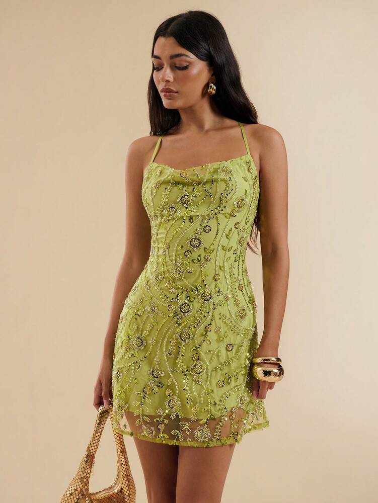 Women's Spaghetti Strap Mini Dress With Beaded Floral Detail Backless Sexy Elegant Summer Outfit Club Party Vacation Sundress For Women