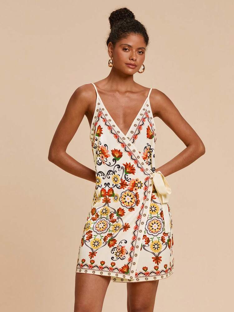 Women's Bohemian Print Bow Knot Wrap Dress Vacation Beach Party Outfit Black Parrot Cherry Blossom Tropical Summer Sundress Casual Wear