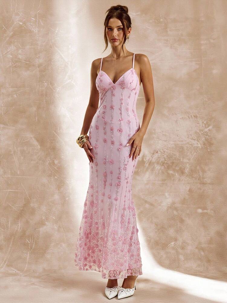 Women's Pink Sequin Spaghetti Strap Long Dress Elegant Summer Outfit Vacation Party Birthday Wedding Guest Sundress Beach Holiday Wear