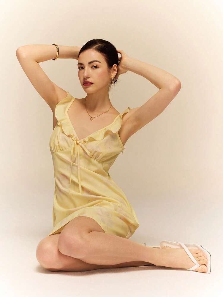 Women's Floral Print Ruffle Trim Cami Mini Dress Light Yellow Elegant Summer Outfit Vacation Casual Pastel Sundress Cute Romantic Wear