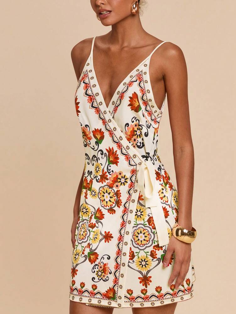 Women's Bohemian Print Bow Knot Wrap Dress Vacation Beach Party Outfit Black Parrot Cherry Blossom Tropical Summer Sundress Casual Wear