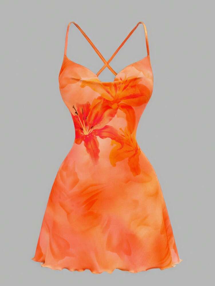 Women's Orange Floral Print Draped Neck Cami Mini Dress Elegant Casual Outfit Summer Vacation Bohemian Style Chic Party Sundress