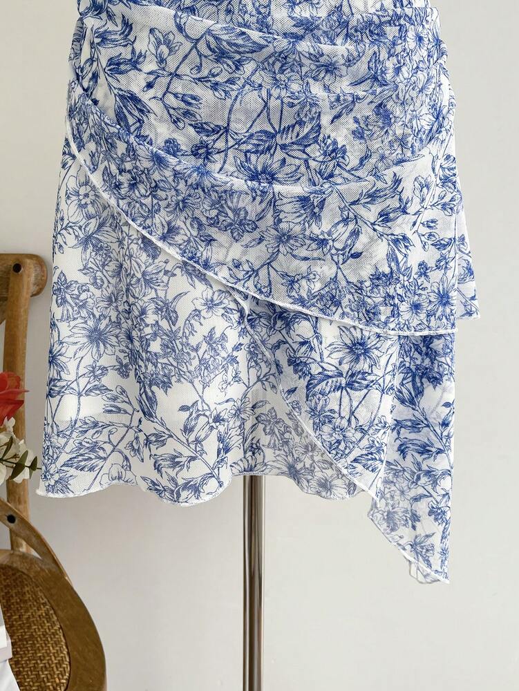 Women's Vintage Floral Mesh Dress Blue White Print V Neck Tie Up Ruched Romantic Summer Outfit Vacation Pastel Sundress For Women