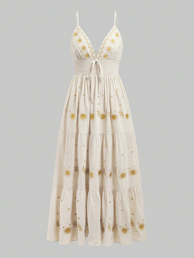 Women's Star Embroidered A Line Dress Spaghetti Strap Fairycore Renaissance Holiday Outfit Casual Vacation Romantic Sundress For Women