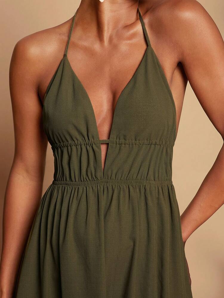 Women's Green Halter Neck Maxi Dress Woven V Neck With Slit Hem Elegant Summer Vacation Outfit Beach Party Boho Festival Casual Wear