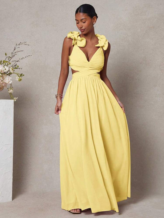 Women's Strappy Back Maxi Dress With Ruffle Shoulders Pleated Cut Out Detail Elegant Flowy Summer Outfit Wedding Guest Party Clothing