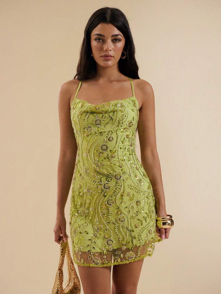 Women's Spaghetti Strap Mini Dress With Beaded Floral Detail Backless Sexy Elegant Summer Outfit Club Party Vacation Sundress For Women