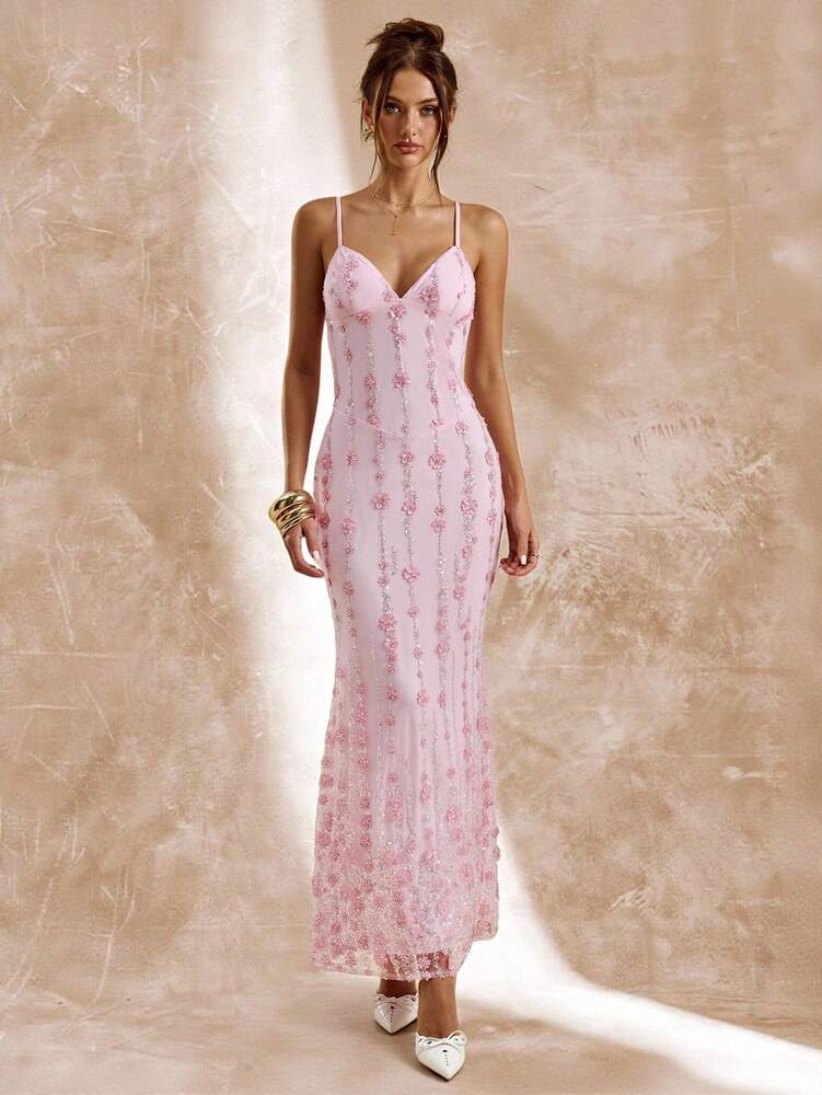 Women's Pink Sequin Spaghetti Strap Long Dress Elegant Summer Outfit Vacation Party Birthday Wedding Guest Sundress Beach Holiday Wear