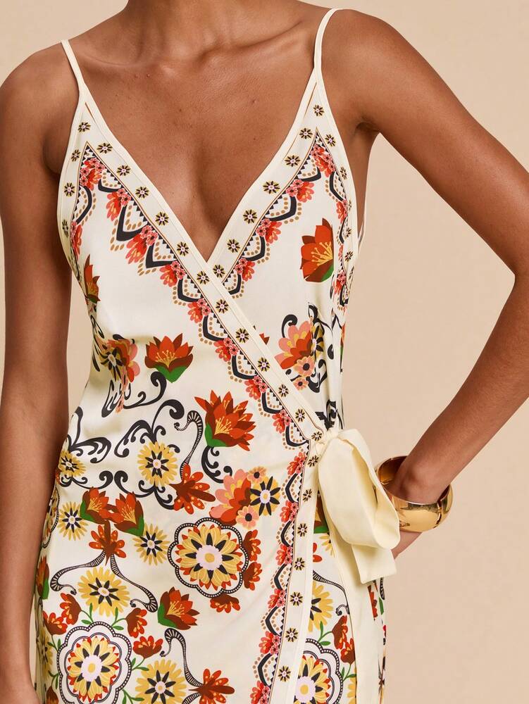 Women's Bohemian Print Bow Knot Wrap Dress Vacation Beach Party Outfit Black Parrot Cherry Blossom Tropical Summer Sundress Casual Wear
