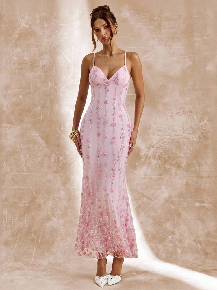 Women's Pink Sequin Spaghetti Strap Long Dress Elegant Summer Outfit Vacation Party Birthday Wedding Guest Sundress Beach Holiday Wear