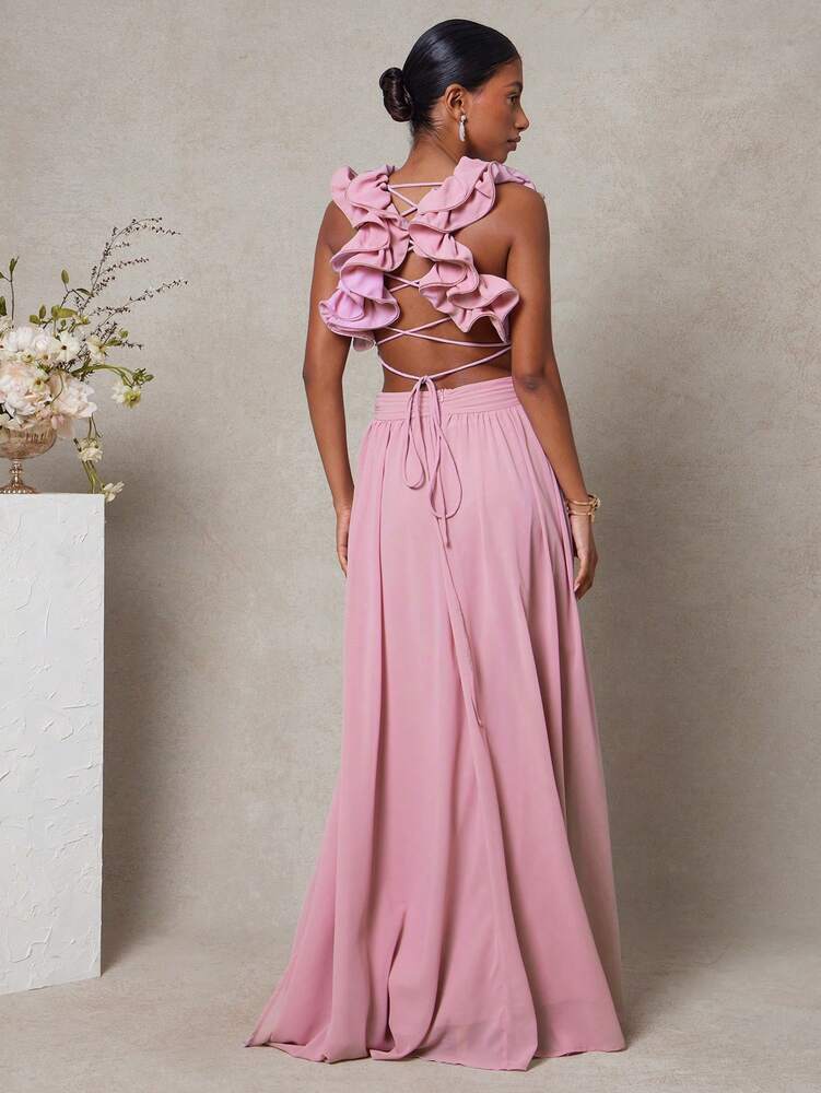 Women's Strappy Back Maxi Dress With Ruffle Shoulders Pleated Cut Out Detail Elegant Flowy Summer Outfit Wedding Guest Party Clothing