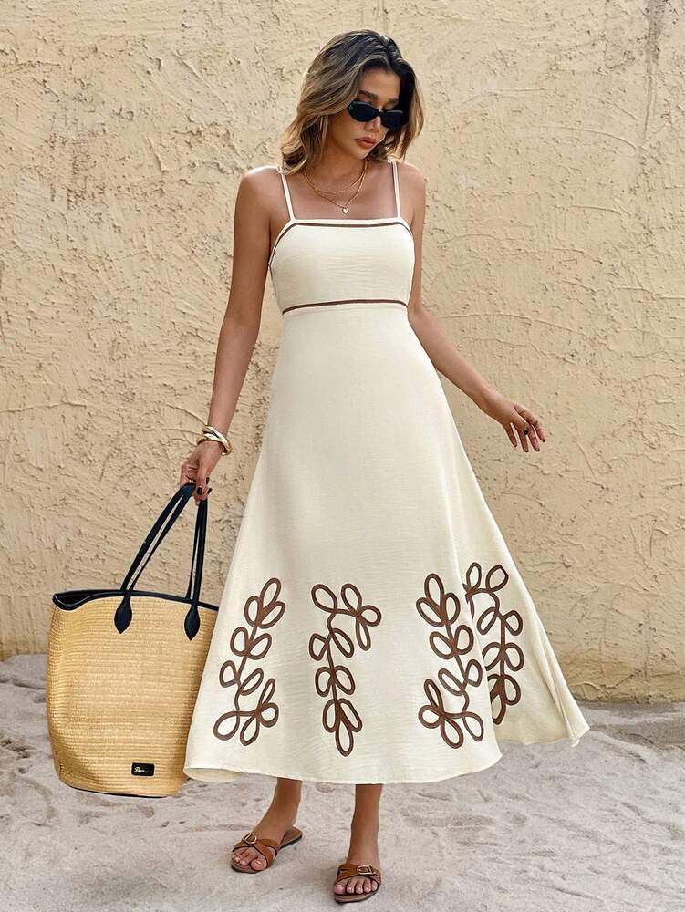 Women's Leaf Embroidered Vacation Dress Elegant Summer Outfit Casual Bohemian Style Sundress Romantic Beach Party Clothing For Women
