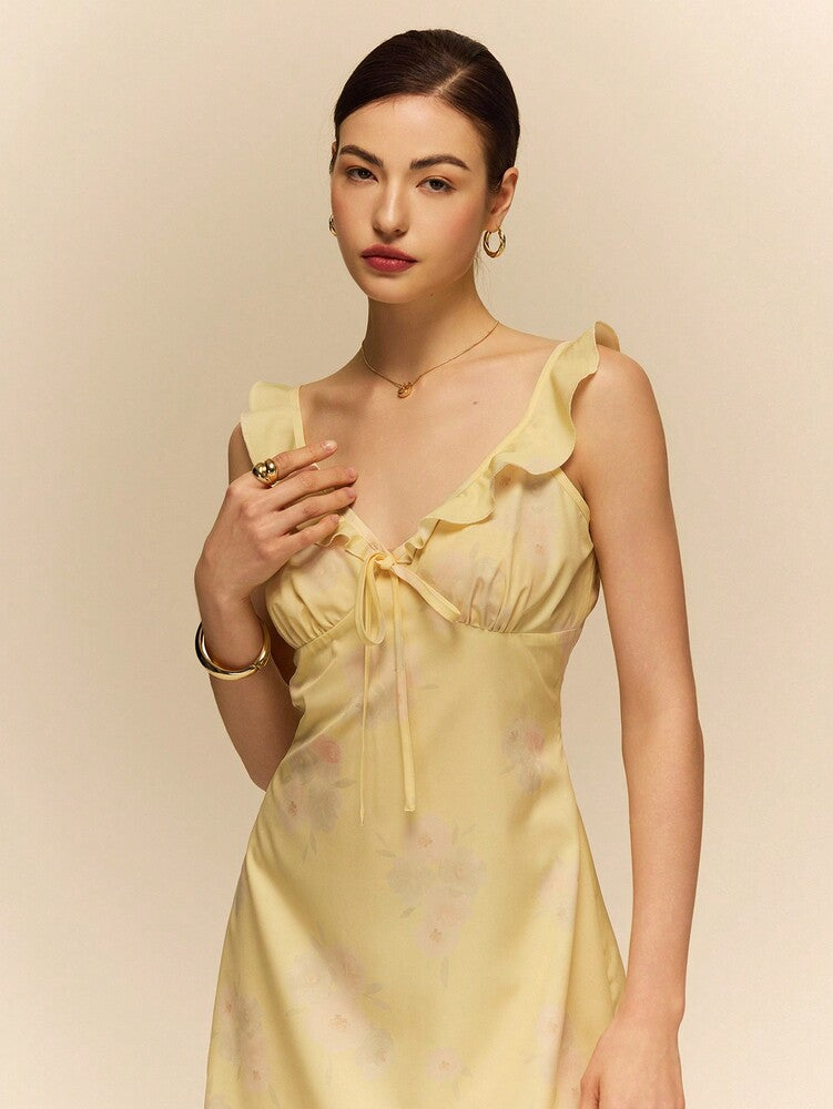 Women's Floral Print Ruffle Trim Cami Mini Dress Light Yellow Elegant Summer Outfit Vacation Casual Pastel Sundress Cute Romantic Wear
