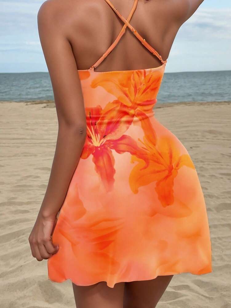 Women's Orange Floral Print Draped Neck Cami Mini Dress Elegant Casual Outfit Summer Vacation Bohemian Style Chic Party Sundress