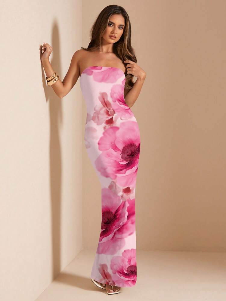 Women's Bandeau Fitted Long Dress Pink Floral Elegant Maxi Outfit Summer Vacation Beach Holiday Party Birthday Wedding Guest Sundress