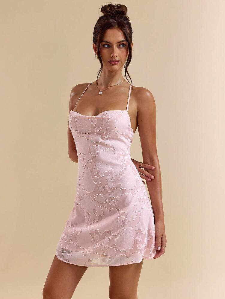 Women's Pink Off Shoulder Lace Trim Mini Dress With Ruffle Hem Sexy Summer Outfit Vacation Backless Party Sundress Pastel Elegant Wear