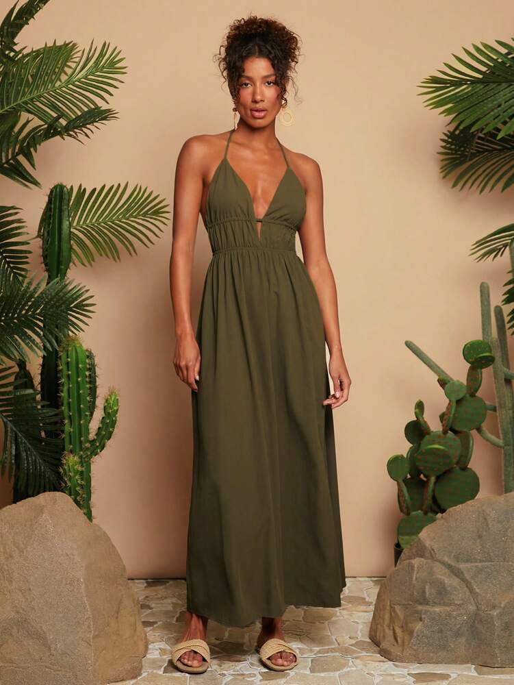 Women's Green Halter Neck Maxi Dress Woven V Neck With Slit Hem Elegant Summer Vacation Outfit Beach Party Boho Festival Casual Wear