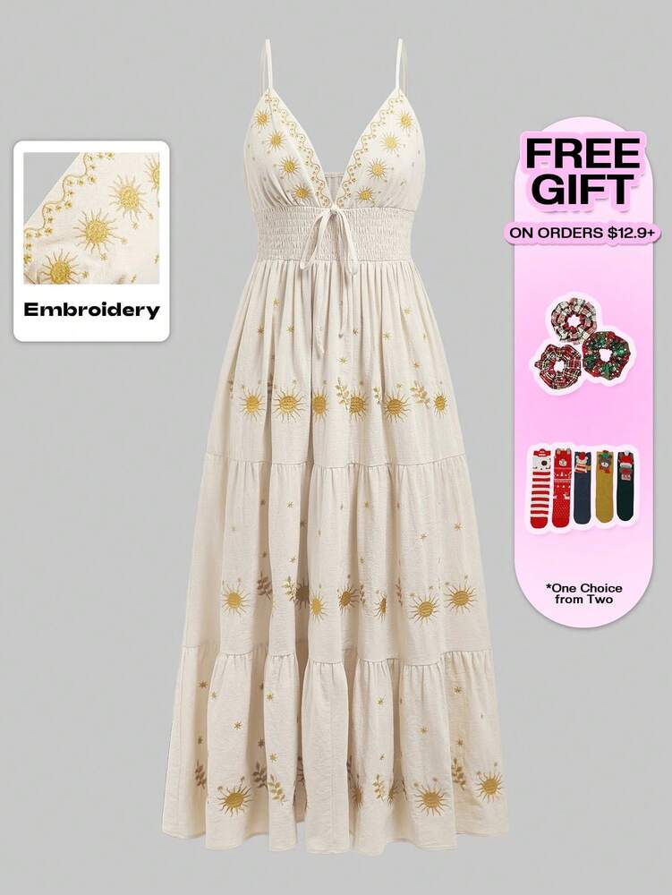 Women's Star Embroidered A Line Dress Spaghetti Strap Fairycore Renaissance Holiday Outfit Casual Vacation Romantic Sundress For Women