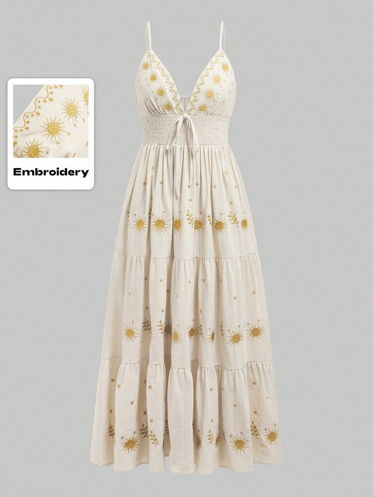 Women's Star Embroidered A Line Dress Spaghetti Strap Fairycore Renaissance Holiday Outfit Casual Vacation Romantic Sundress For Women