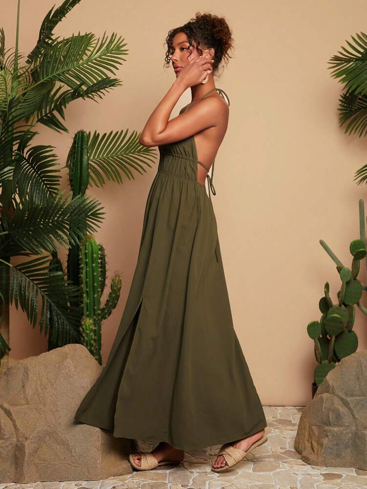 Women's Green Halter Neck Maxi Dress Woven V Neck With Slit Hem Elegant Summer Vacation Outfit Beach Party Boho Festival Casual Wear