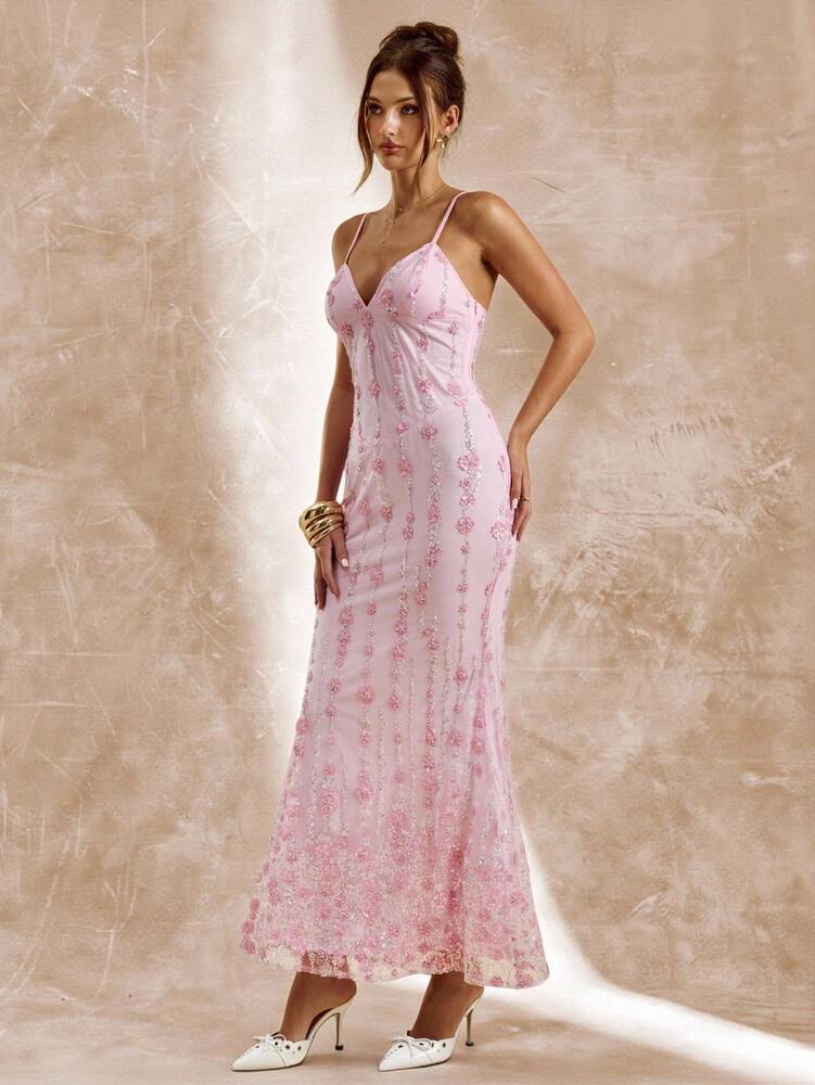 Women's Pink Sequin Spaghetti Strap Long Dress Elegant Summer Outfit Vacation Party Birthday Wedding Guest Sundress Beach Holiday Wear