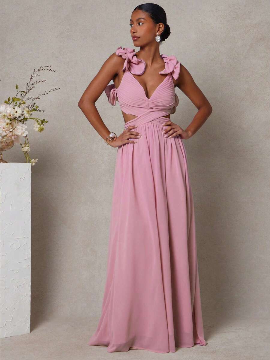 Women's Strappy Back Maxi Dress With Ruffle Shoulders Pleated Cut Out Detail Elegant Flowy Summer Outfit Wedding Guest Party Clothing