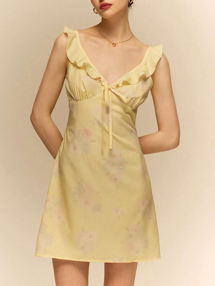 Women's Floral Print Ruffle Trim Cami Mini Dress Light Yellow Elegant Summer Outfit Vacation Casual Pastel Sundress Cute Romantic Wear