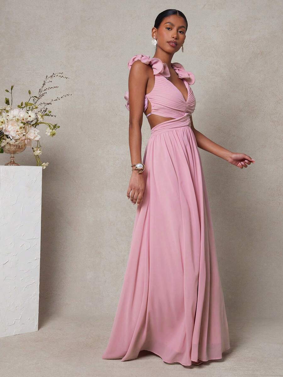 Women's Strappy Back Maxi Dress With Ruffle Shoulders Pleated Cut Out Detail Elegant Flowy Summer Outfit Wedding Guest Party Clothing