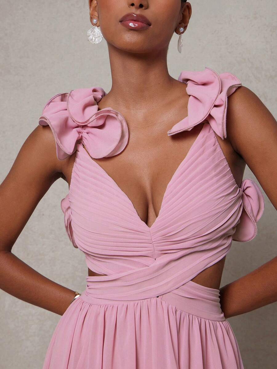 Women's Strappy Back Maxi Dress With Ruffle Shoulders Pleated Cut Out Detail Elegant Flowy Summer Outfit Wedding Guest Party Clothing