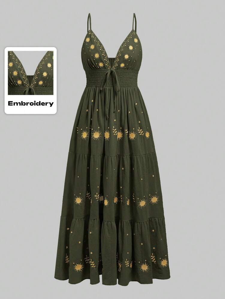 Women's Star Embroidered A Line Dress Spaghetti Strap Fairycore Renaissance Holiday Outfit Casual Vacation Romantic Sundress For Women